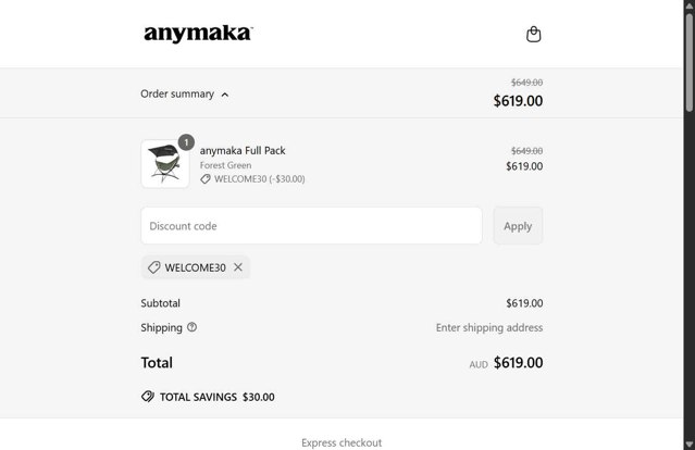 anymaka checkout page showing anymaka discount code box | Screenshot taken by SimplyCodes community member on May 28, 2025