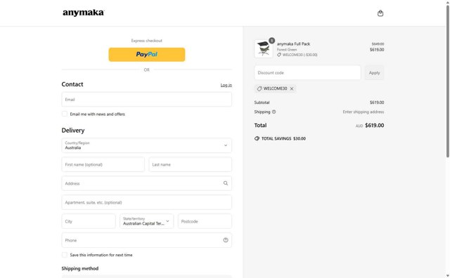 anymaka checkout page showing anymaka discount code box | Screenshot taken by SimplyCodes community member on May 19, 2025