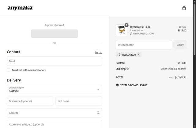 anymaka checkout page showing anymaka discount code box | Screenshot taken by SimplyCodes community member on May 19, 2025