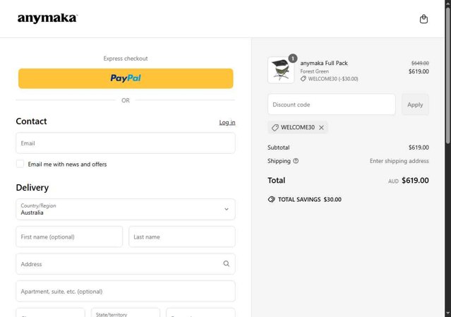 anymaka checkout page showing anymaka discount code box | Screenshot taken by SimplyCodes community member on May 20, 2025