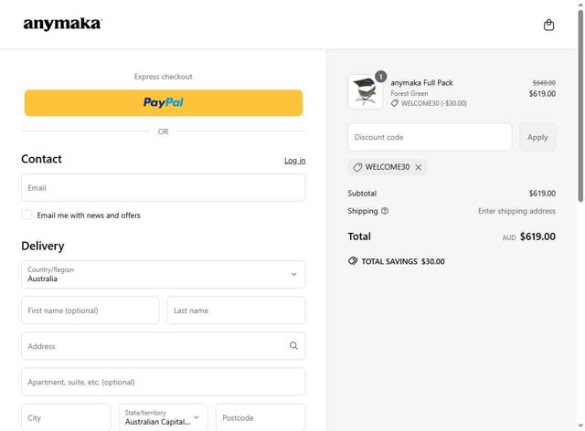 anymaka checkout page showing anymaka discount code box | Screenshot taken by SimplyCodes community member on May 19, 2025