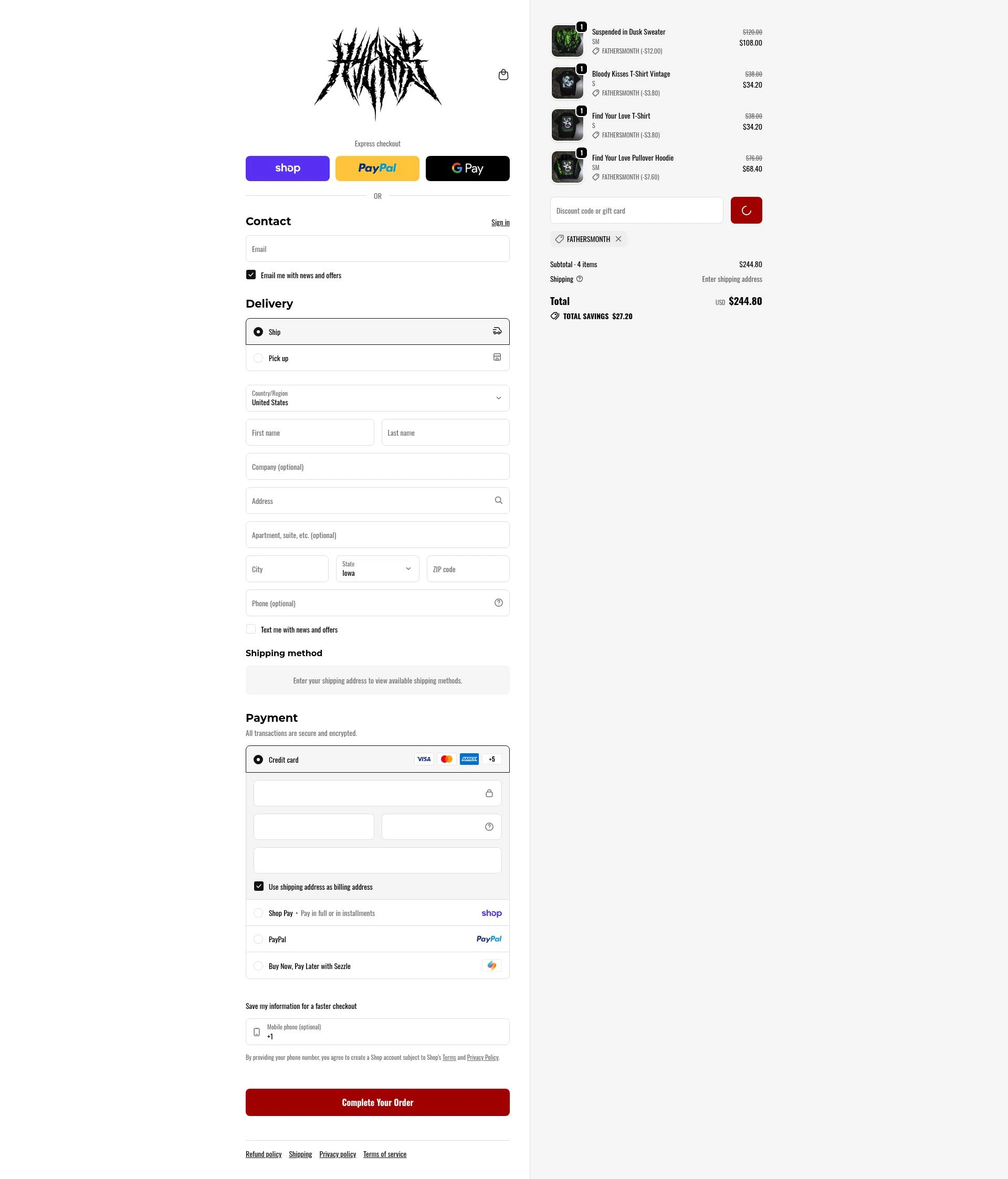 Any Means Necessary Clothing checkout page showing Any Means Necessary Clothing promo code box | Screenshot taken by SimplyCodes community member on Feb 16, 2026