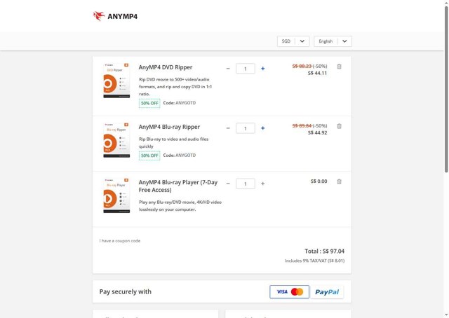 AnyMP4 checkout page showing AnyMP4 promo code box | Screenshot taken by SimplyCodes community member on Jul 29, 2025