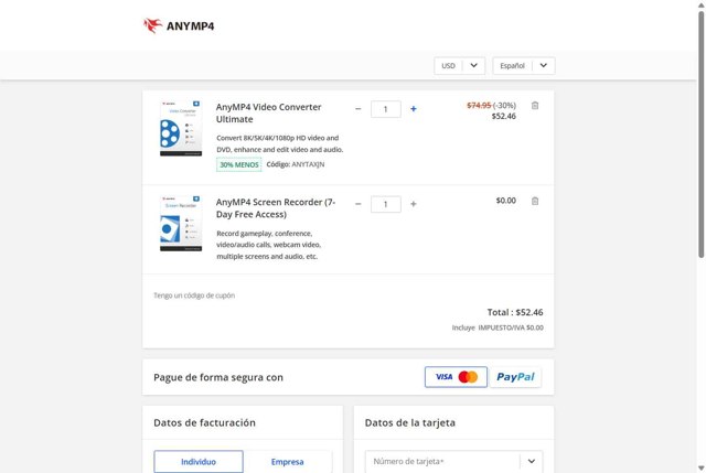 AnyMP4 checkout page showing AnyMP4 promo code box | Screenshot taken by SimplyCodes community member on Aug 6, 2025