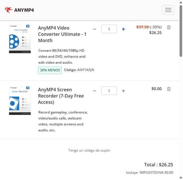 AnyMP4 checkout page showing AnyMP4 promo code box | Screenshot taken by SimplyCodes community member on Jul 9, 2025