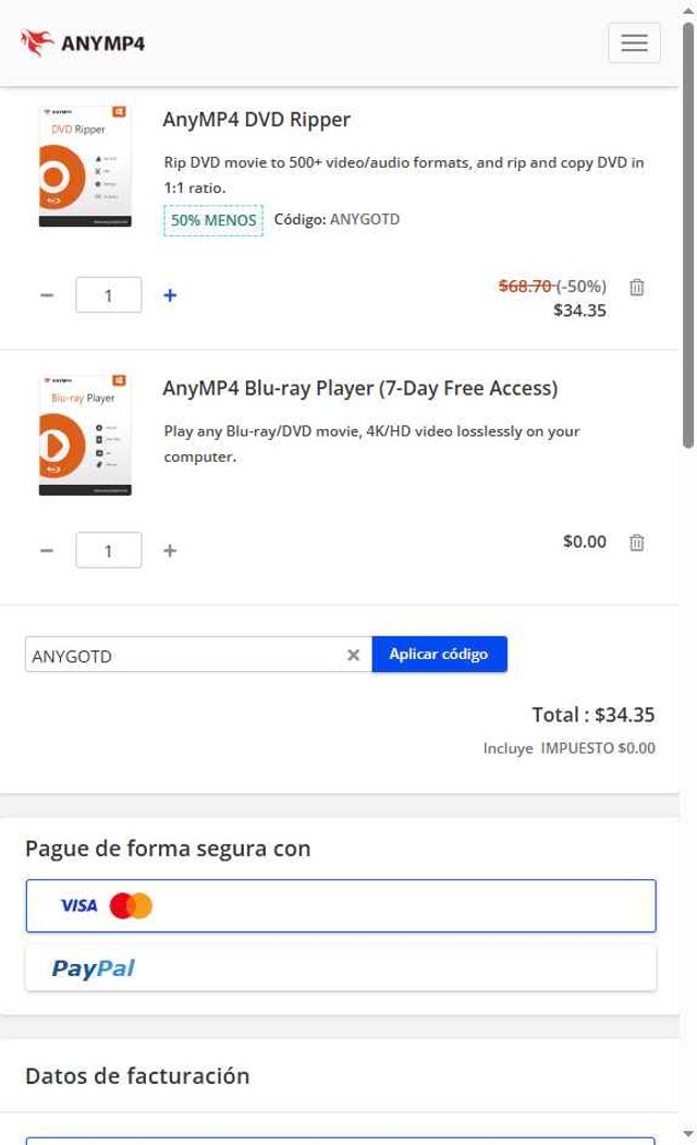 AnyMP4 checkout page showing AnyMP4 promo code box | Screenshot taken by SimplyCodes community member on Aug 6, 2025