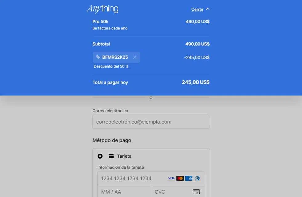 Anything AI checkout page showing Anything AI promo code box | Screenshot taken by SimplyCodes community member on Nov 30, 2025