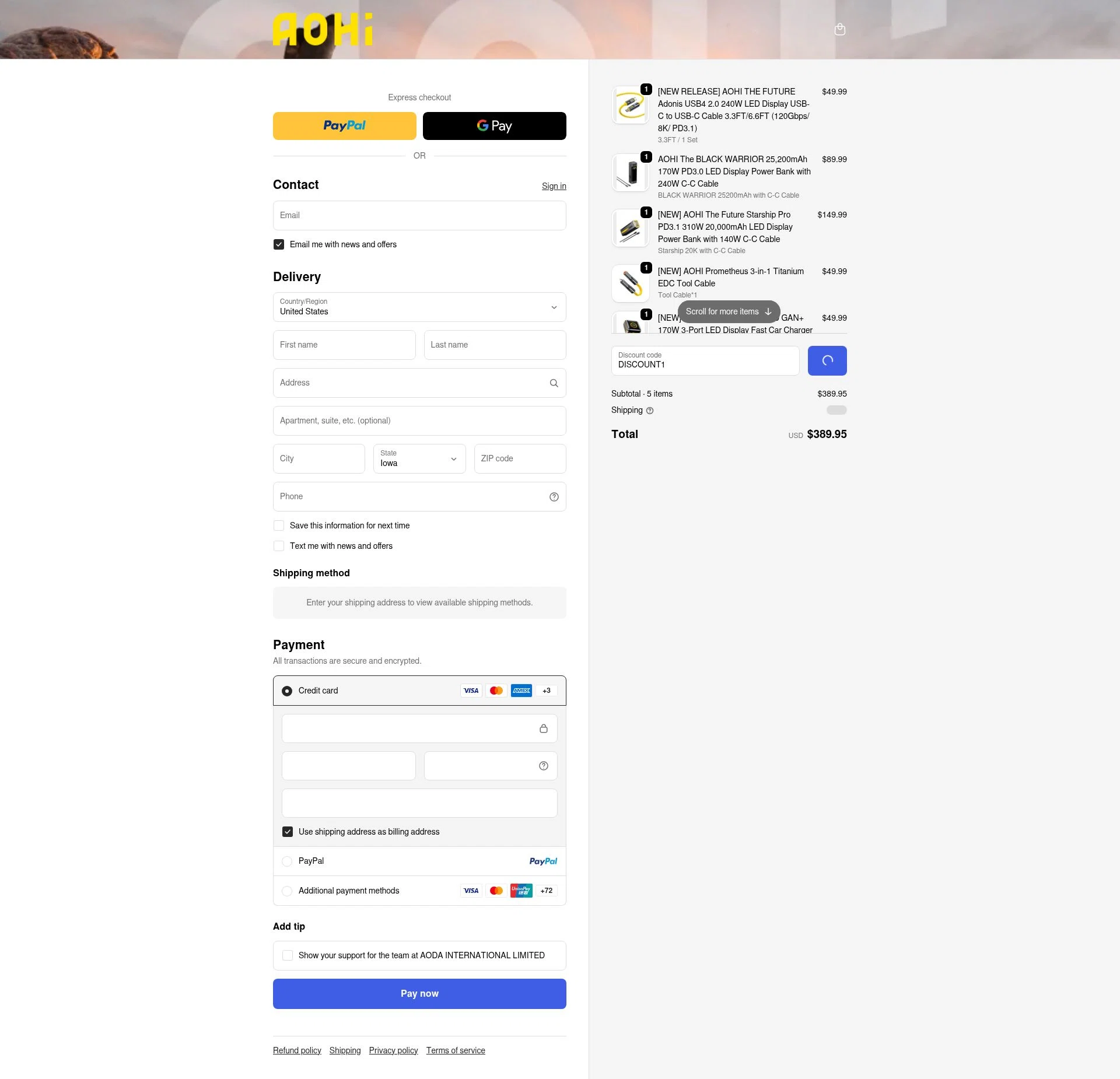 AOHI Tech checkout page showing AOHI Tech promo code box | Screenshot taken by SimplyCodes community member on Jan 4, 2026