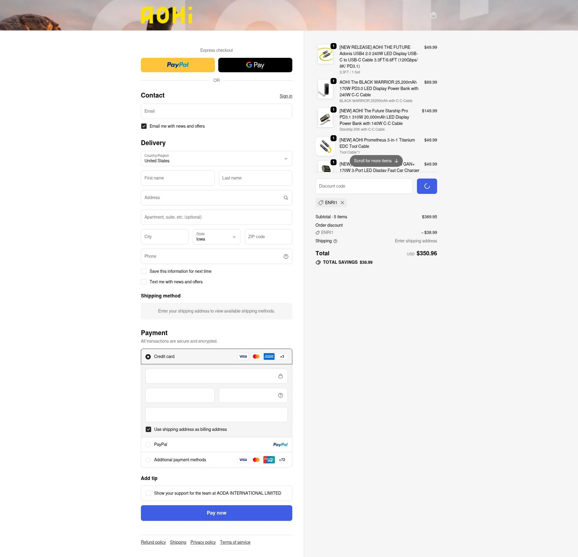AOHI Tech checkout page showing AOHI Tech promo code box | Screenshot taken by SimplyCodes community member on Jan 4, 2026