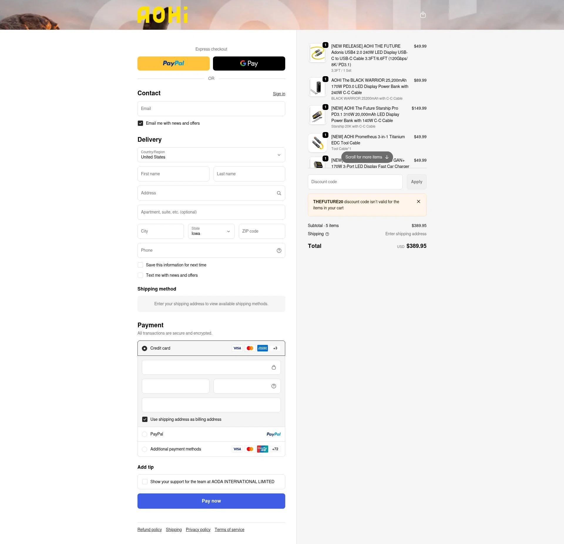 AOHI Tech checkout page showing AOHI Tech promo code box | Screenshot taken by SimplyCodes community member on Jan 4, 2026
