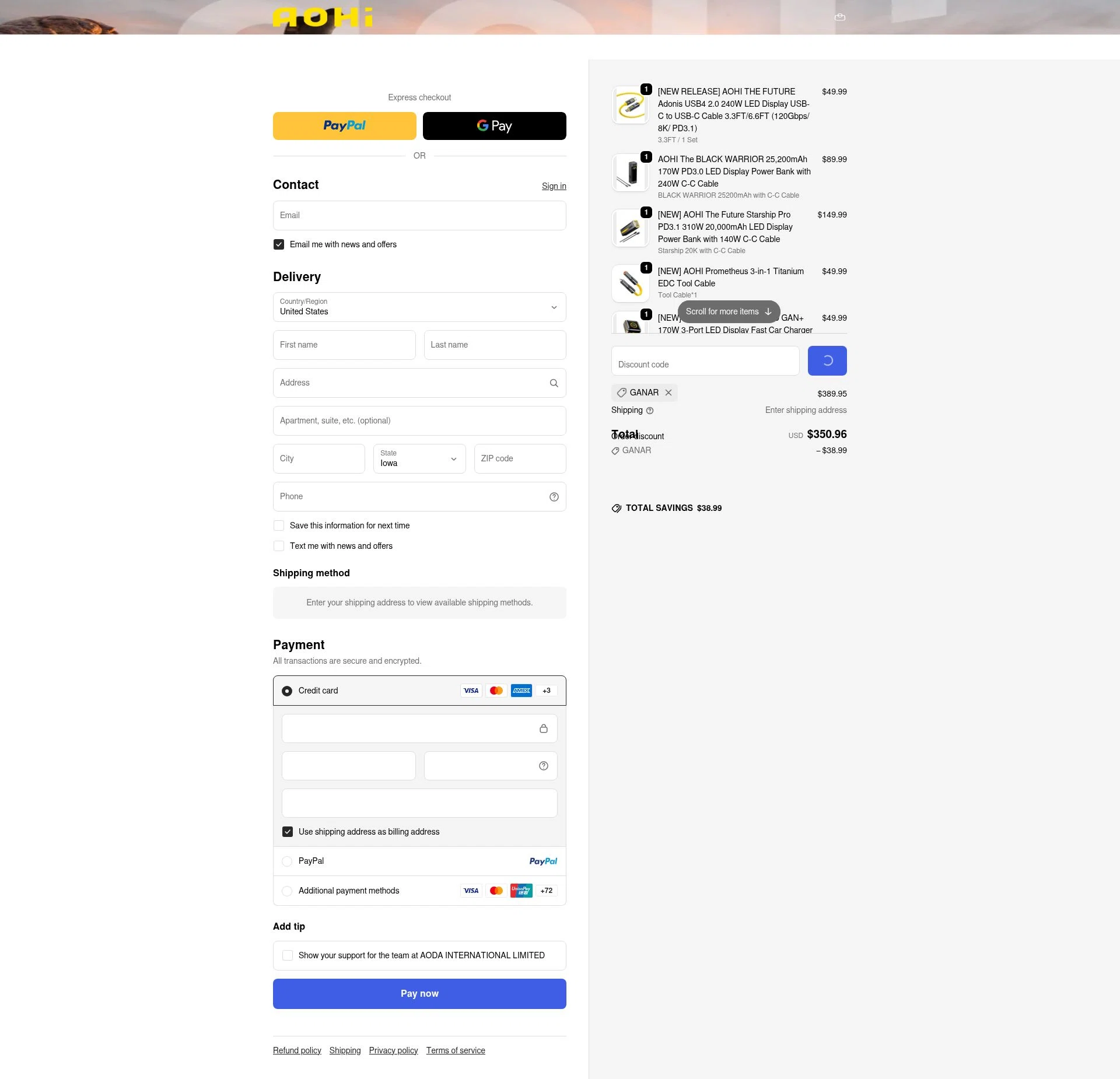 AOHI Tech checkout page showing AOHI Tech promo code box | Screenshot taken by SimplyCodes community member on Jan 4, 2026