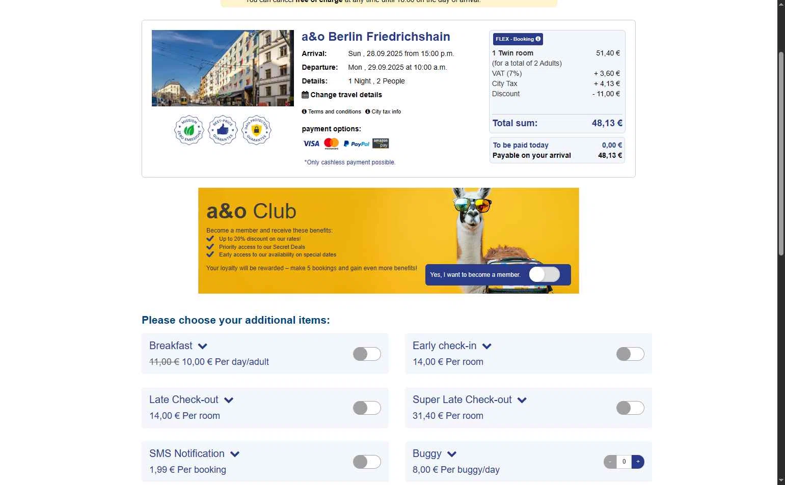 A&O Hostels checkout page showing A&O Hostels promo code box | Screenshot taken by SimplyCodes community member on Sep 22, 2025