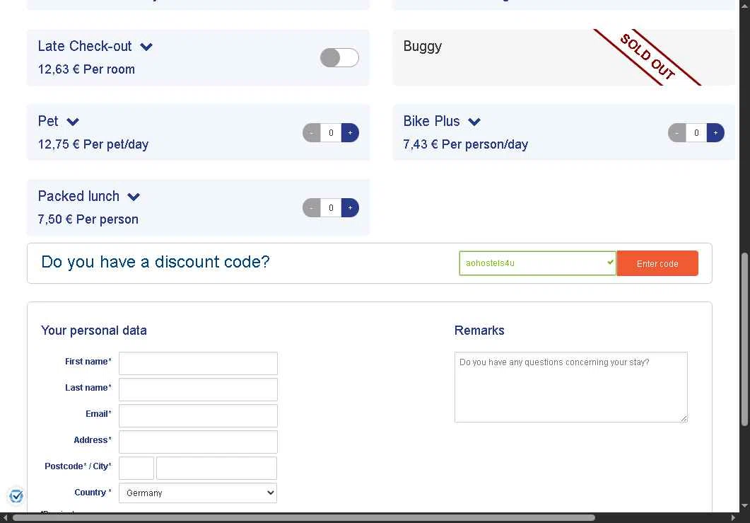 A&O Hostels checkout page showing A&O Hostels promo code box | Screenshot taken by SimplyCodes community member on Aug 28, 2025