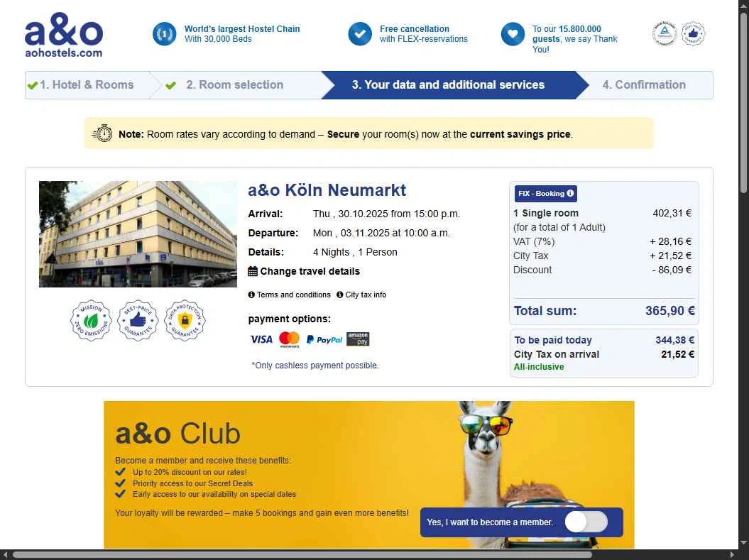 A&O Hostels checkout page showing A&O Hostels promo code box | Screenshot taken by SimplyCodes community member on Oct 21, 2025