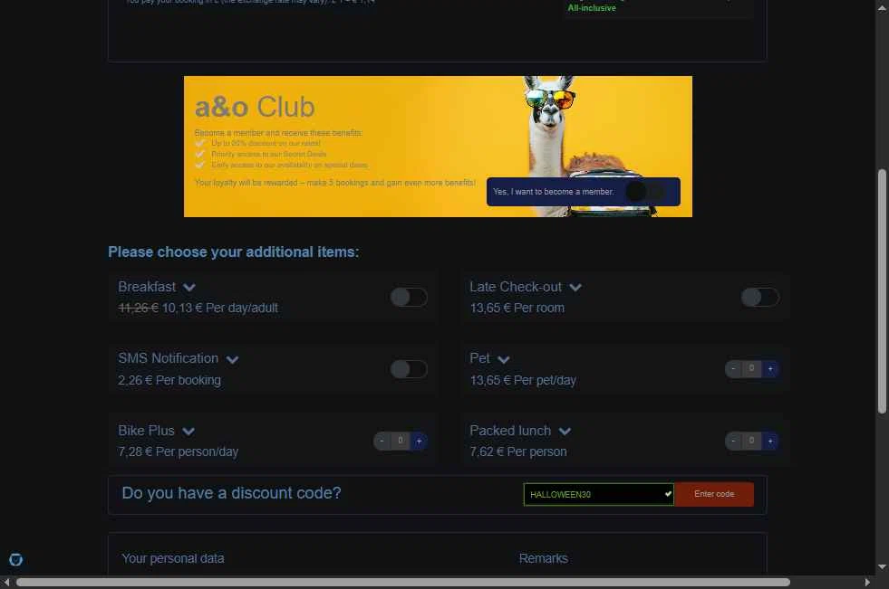 A&O Hostels checkout page showing A&O Hostels promo code box | Screenshot taken by SimplyCodes community member on Oct 31, 2025