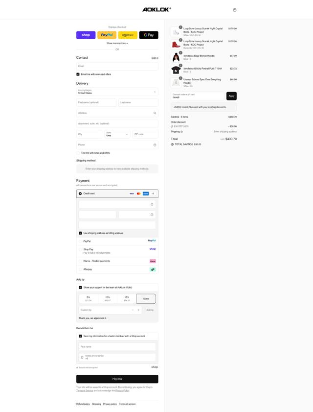 Aoklok checkout page showing Aoklok discount code box | Screenshot taken by SimplyCodes community member on Sep 13, 2025
