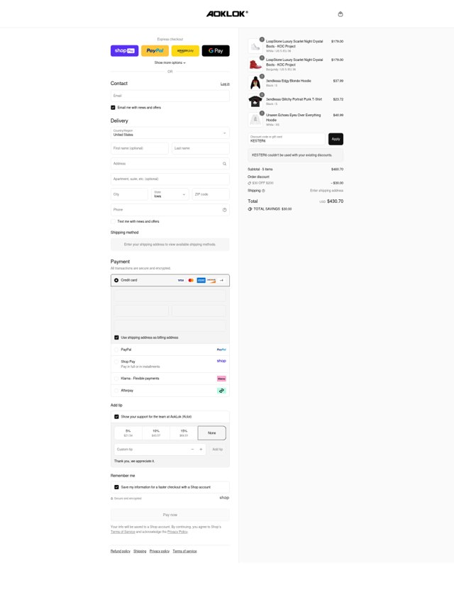 Aoklok checkout page showing Aoklok discount code box | Screenshot taken by SimplyCodes community member on Aug 27, 2025