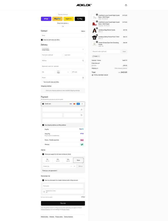 Aoklok checkout page showing Aoklok discount code box | Screenshot taken by SimplyCodes community member on Sep 13, 2025