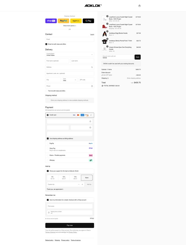 Aoklok checkout page showing Aoklok discount code box | Screenshot taken by SimplyCodes community member on Aug 27, 2025