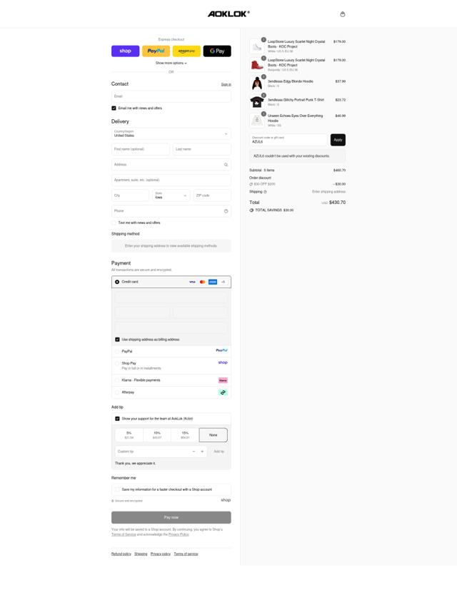 Aoklok checkout page showing Aoklok discount code box | Screenshot taken by SimplyCodes community member on Sep 13, 2025