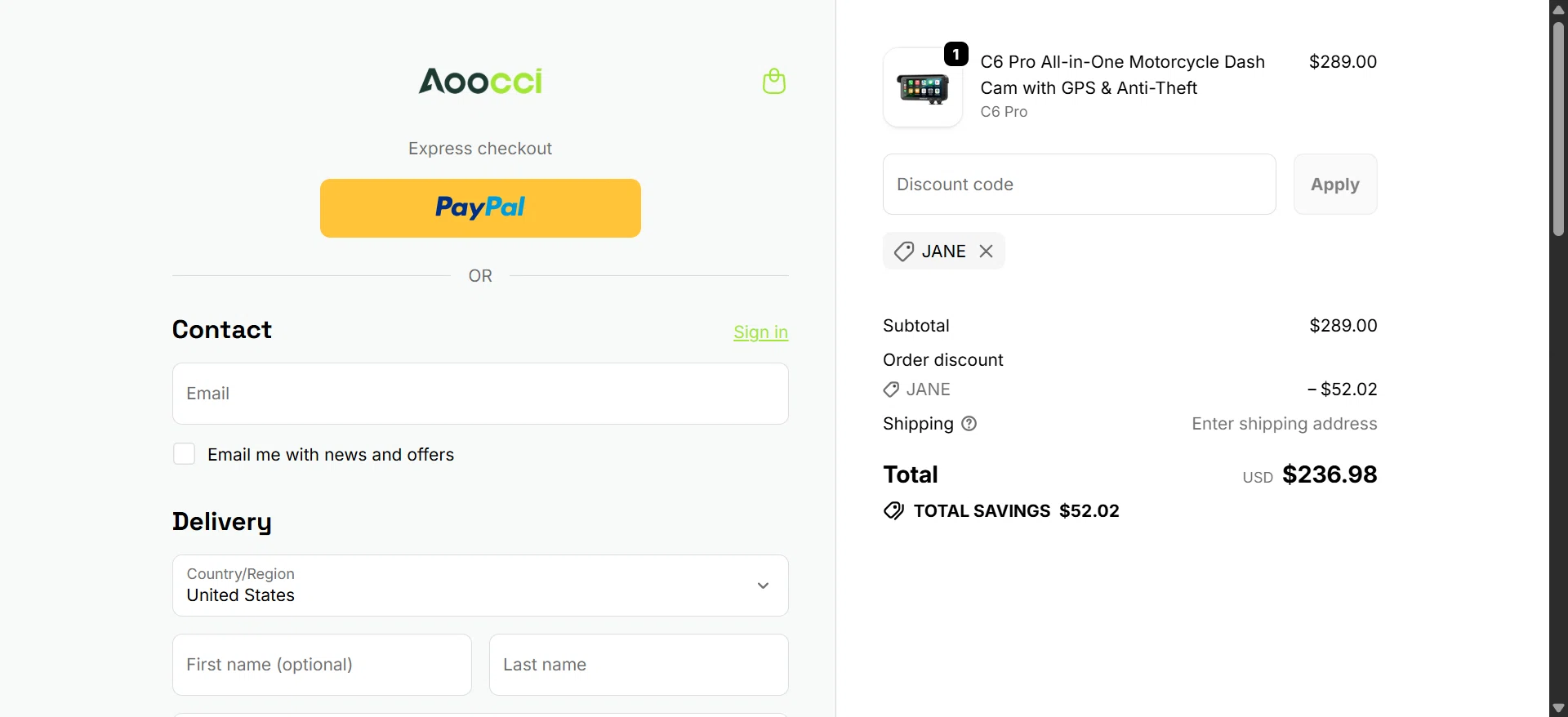 Aoocci promo code screenshot showing code JANE applied at Aoocci checkout page. Uploaded by SimplyCodes community member ExtraordinaryNavigator8896 on Jun 17, 2026