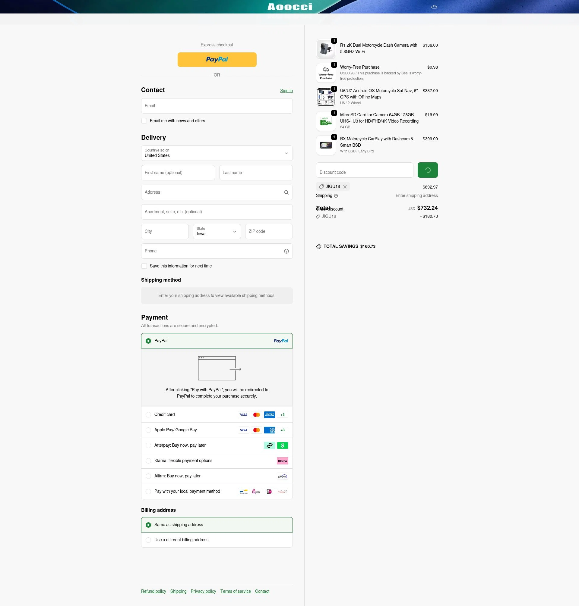 Aoocci checkout page showing Aoocci discount code box | Screenshot taken by SimplyCodes community member on Jan 6, 2026