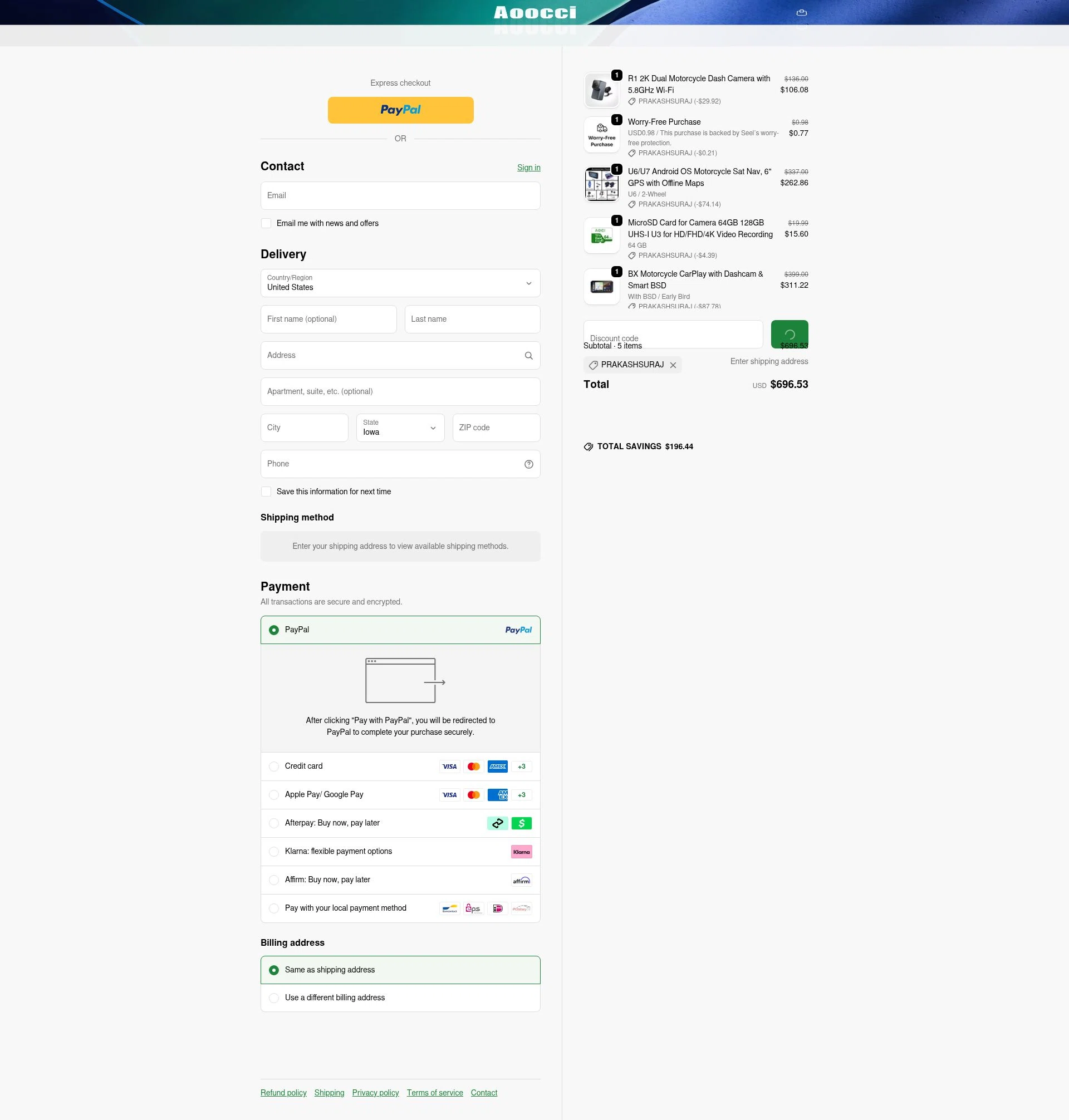 Aoocci checkout page showing Aoocci discount code box | Screenshot taken by SimplyCodes community member on Jan 6, 2026