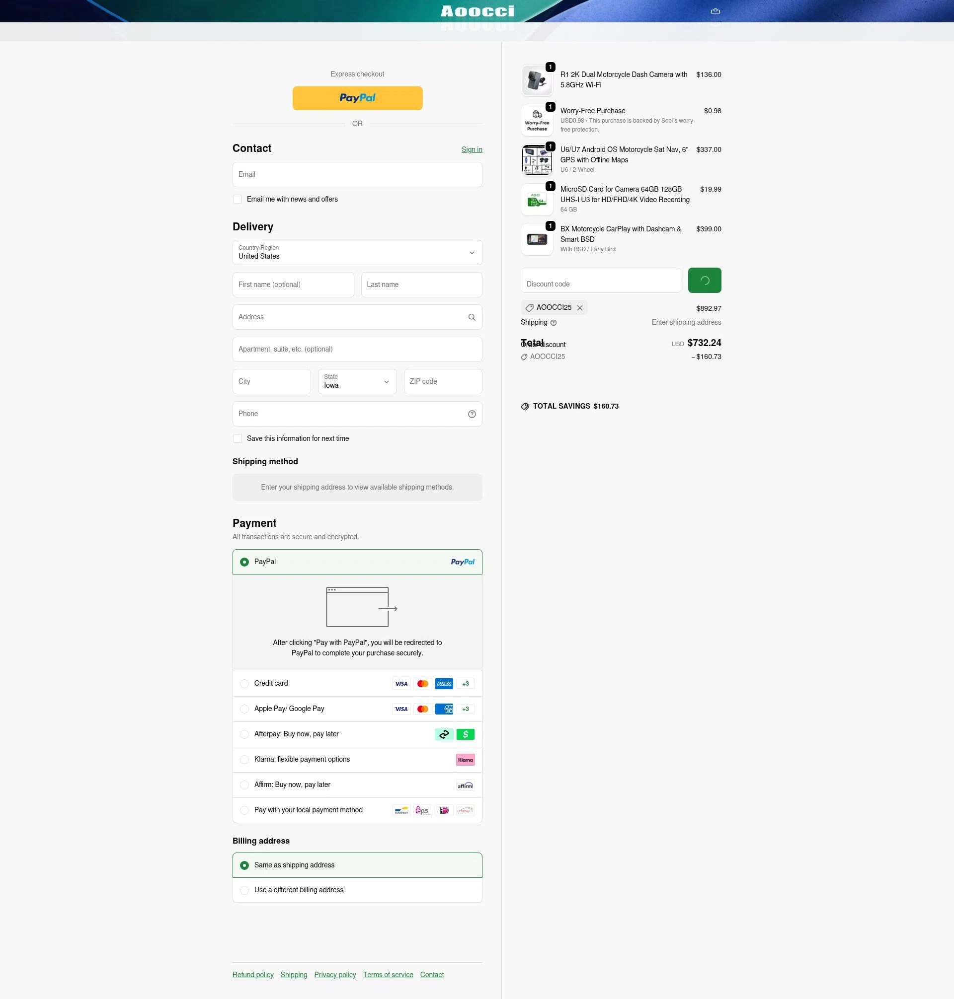 Aoocci checkout page showing Aoocci discount code box | Screenshot taken by SimplyCodes community member on Jan 6, 2026