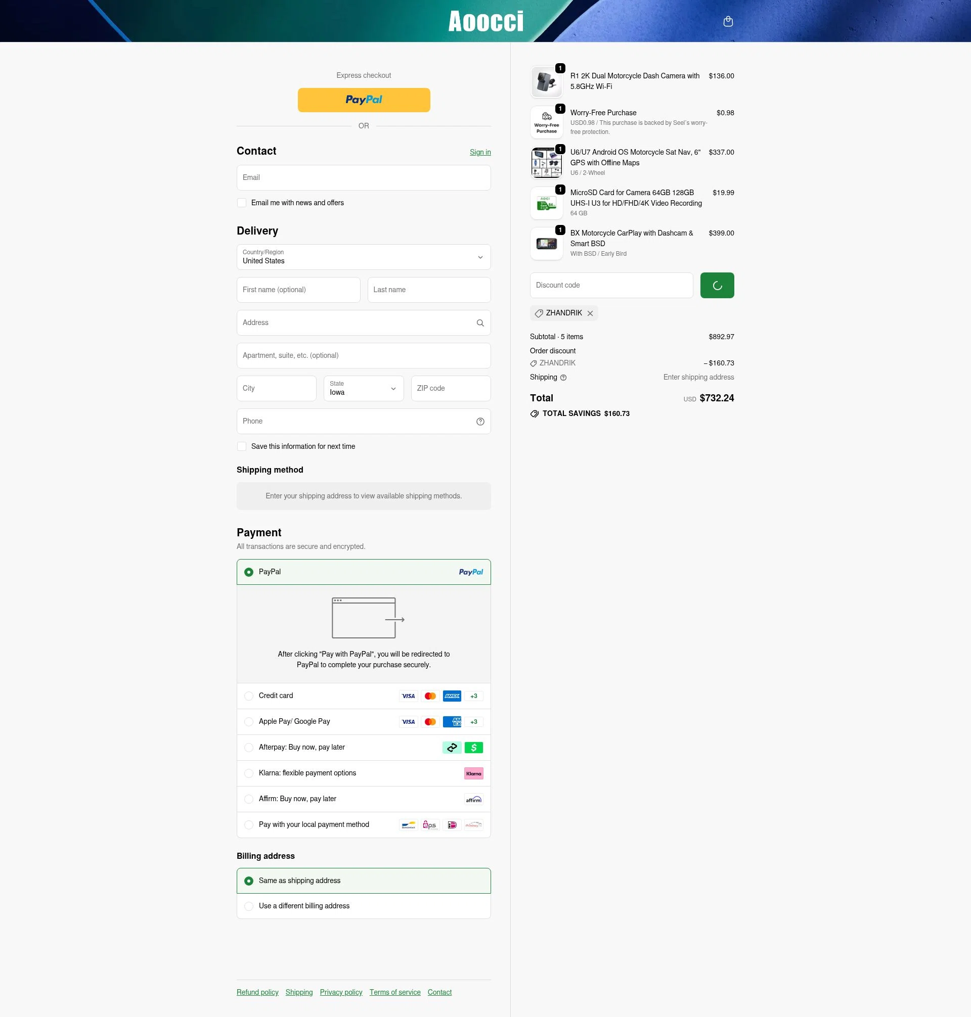 Aoocci checkout page showing Aoocci discount code box | Screenshot taken by SimplyCodes community member on Jan 6, 2026