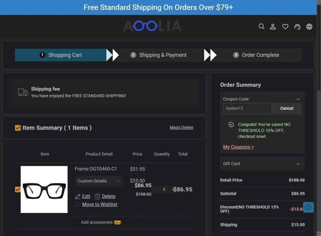 Aoolia checkout page showing Aoolia coupon code box | Screenshot taken by SimplyCodes community member on Aug 1, 2025