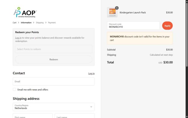 AOP checkout page showing AOP promo code box | Screenshot taken by SimplyCodes community member on Sep 8, 2025