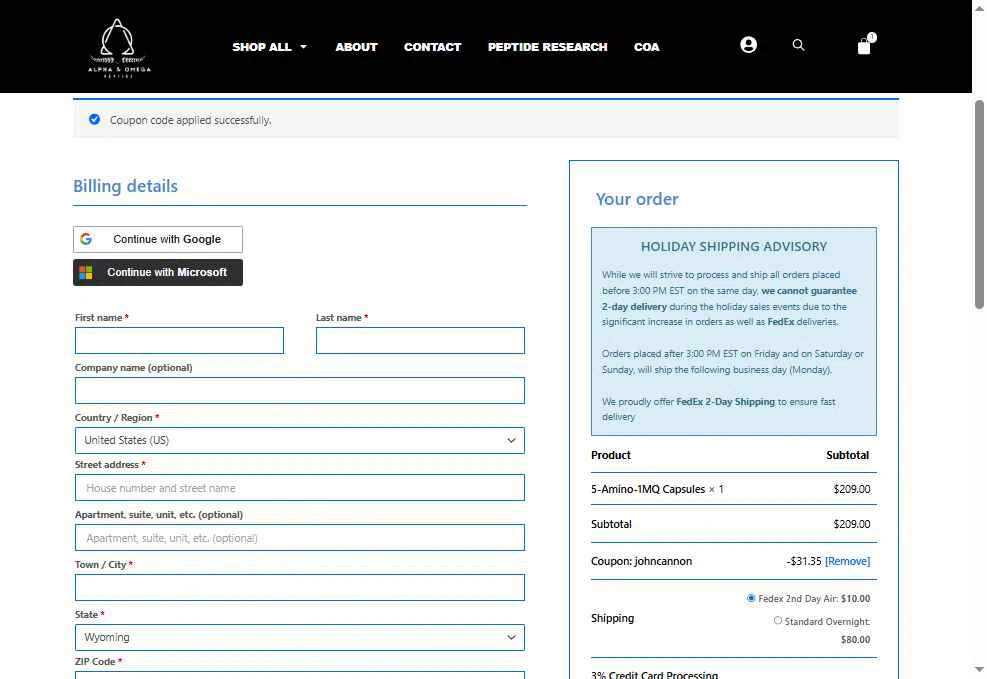 Alpha & Omega Peptide checkout page showing Alpha & Omega Peptide promo code box | Screenshot taken by SimplyCodes community member on Dec 10, 2025