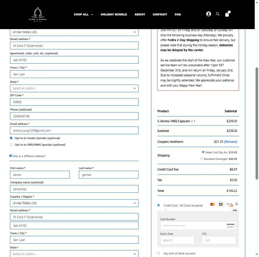 Alpha & Omega Peptide checkout page showing Alpha & Omega Peptide promo code box | Screenshot taken by SimplyCodes community member on Jan 13, 2026