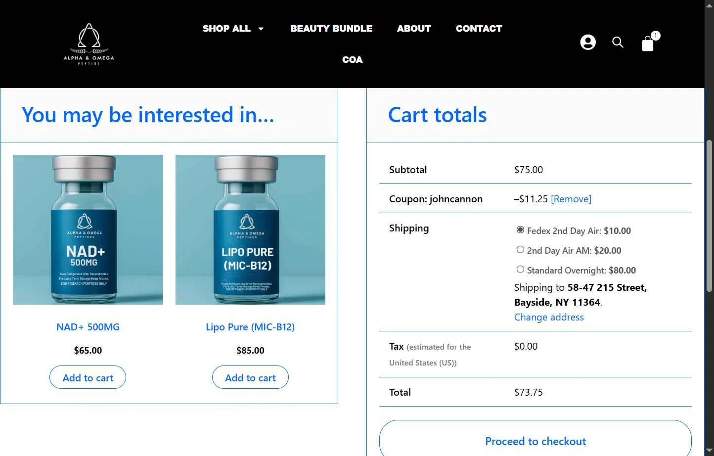 Alpha & Omega Peptide checkout page showing Alpha & Omega Peptide promo code box | Screenshot taken by SimplyCodes community member on Feb 6, 2026