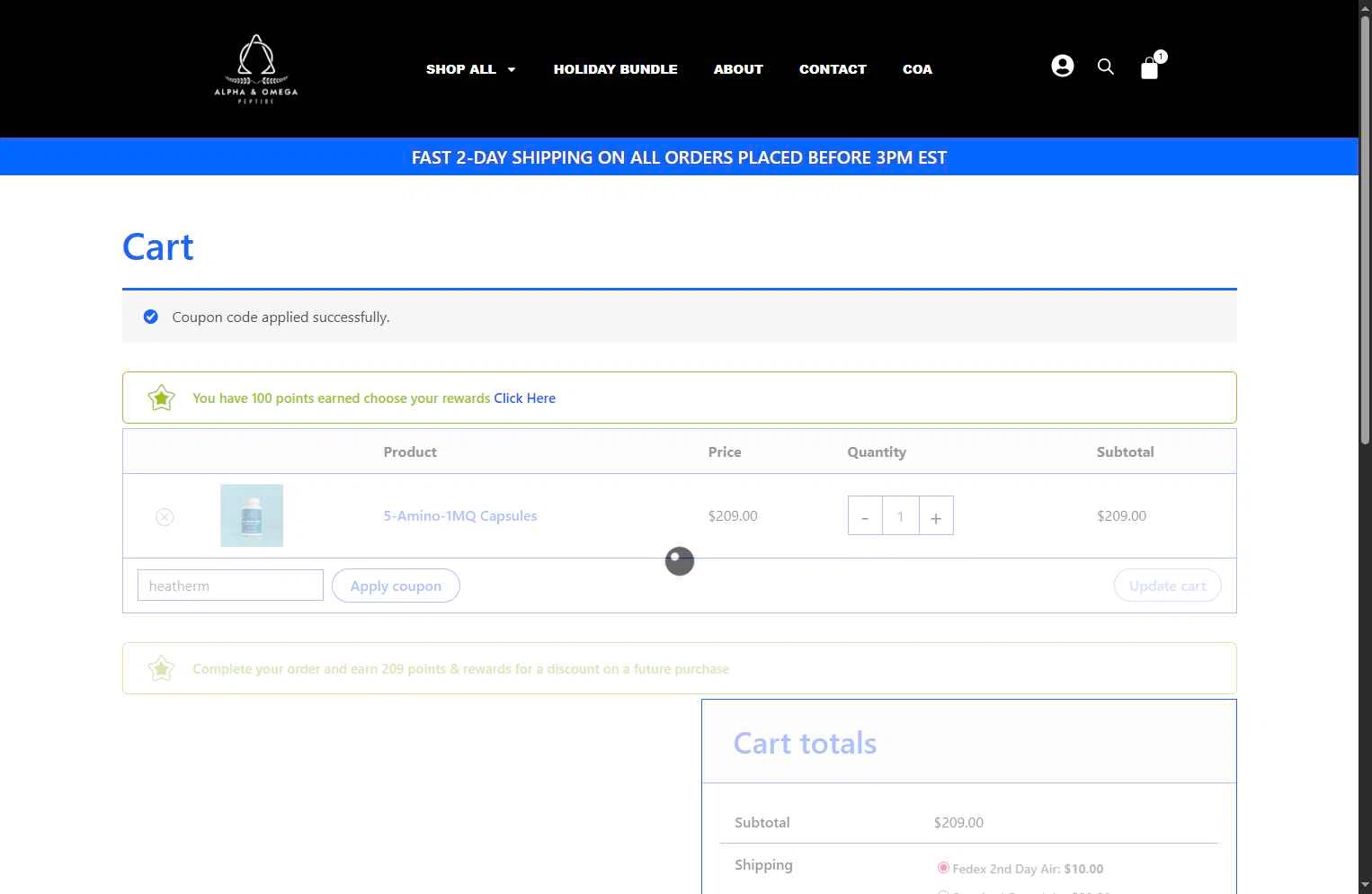 Alpha & Omega Peptide checkout page showing Alpha & Omega Peptide promo code box | Screenshot taken by SimplyCodes community member on Dec 29, 2025