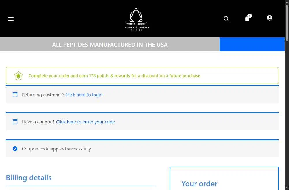 Alpha & Omega Peptide checkout page showing Alpha & Omega Peptide promo code box | Screenshot taken by SimplyCodes community member on Dec 10, 2025