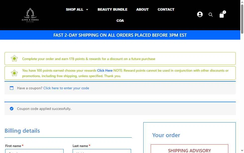 Alpha & Omega Peptide checkout page showing Alpha & Omega Peptide promo code box | Screenshot taken by SimplyCodes community member on Jan 25, 2026