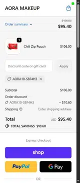 AORA MAKEUP coupon verification screenshot