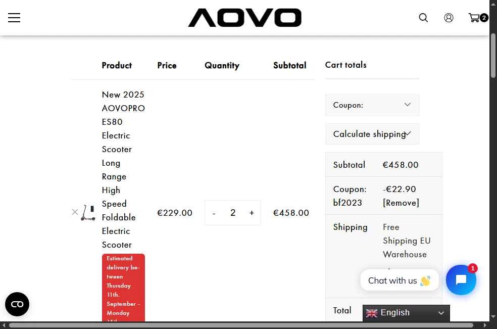 AOVO PRO Electric Scooter checkout page showing AOVO PRO Electric Scooter promo code box | Screenshot taken by SimplyCodes community member on Sep 6, 2025