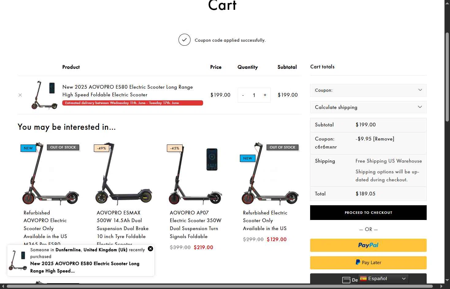 AOVO PRO Electric Scooter checkout page showing AOVO PRO Electric Scooter promo code box | Screenshot taken by SimplyCodes community member on Jun 9, 2025