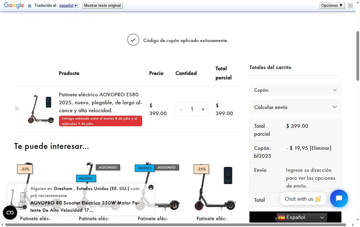 AOVO PRO Electric Scooter checkout page showing AOVO PRO Electric Scooter promo code box | Screenshot taken by SimplyCodes community member on Jul 6, 2025