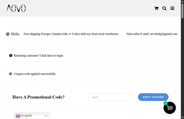 Aovo Store checkout page showing Aovo Store promo code box | Screenshot taken by SimplyCodes community member on Aug 20, 2025