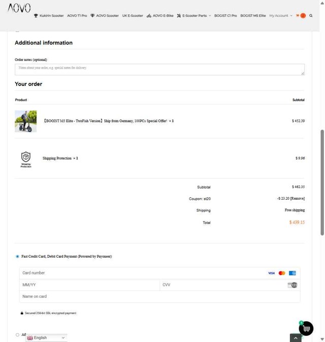 Aovo Store checkout page showing Aovo Store promo code box | Screenshot taken by SimplyCodes community member on Aug 12, 2025