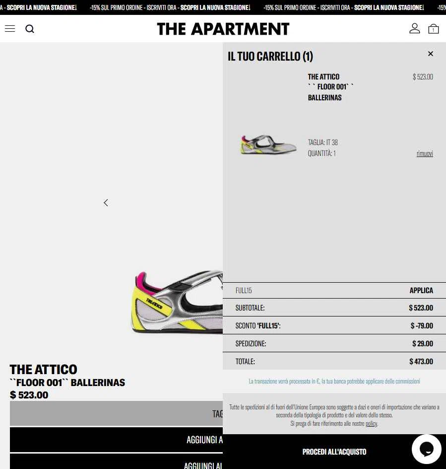 The Apartment Cosenza checkout page showing The Apartment Cosenza promo code box | Screenshot taken by SimplyCodes community member on Dec 10, 2025