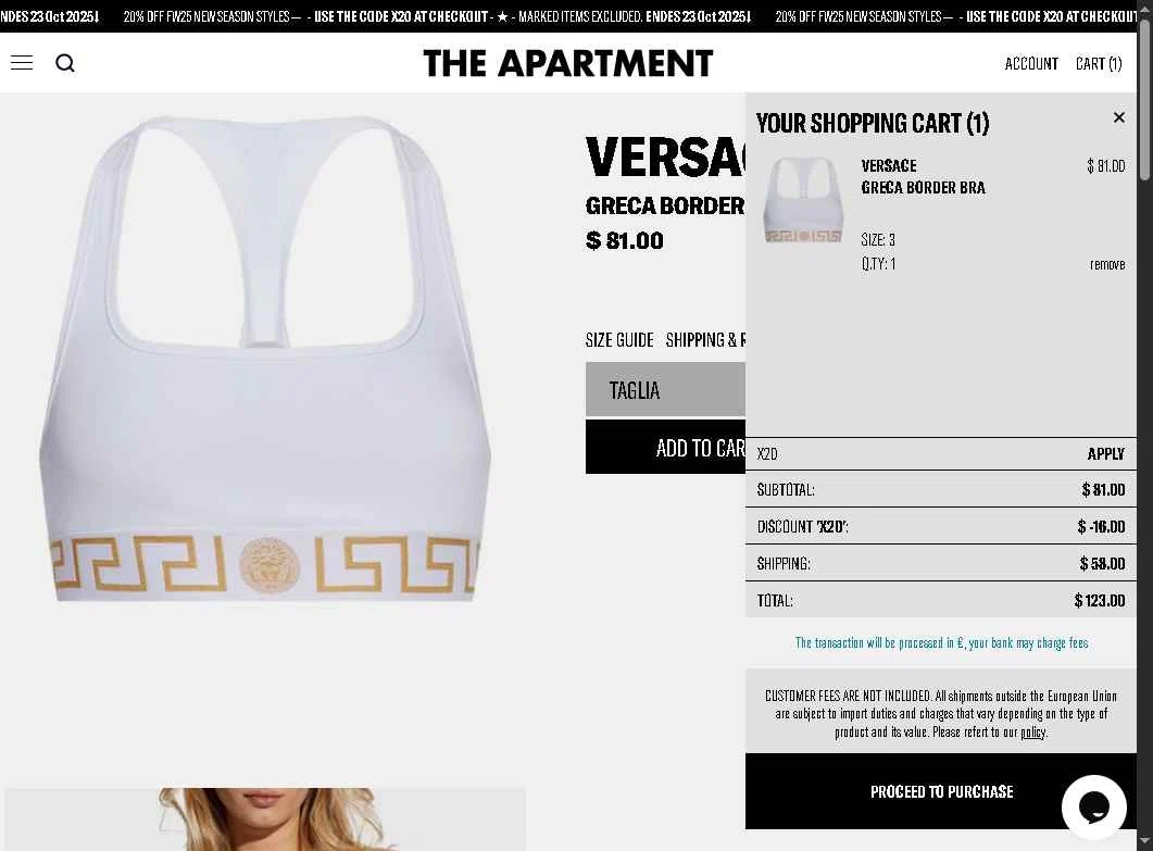 The Apartment Cosenza checkout page showing The Apartment Cosenza promo code box | Screenshot taken by SimplyCodes community member on Oct 14, 2025