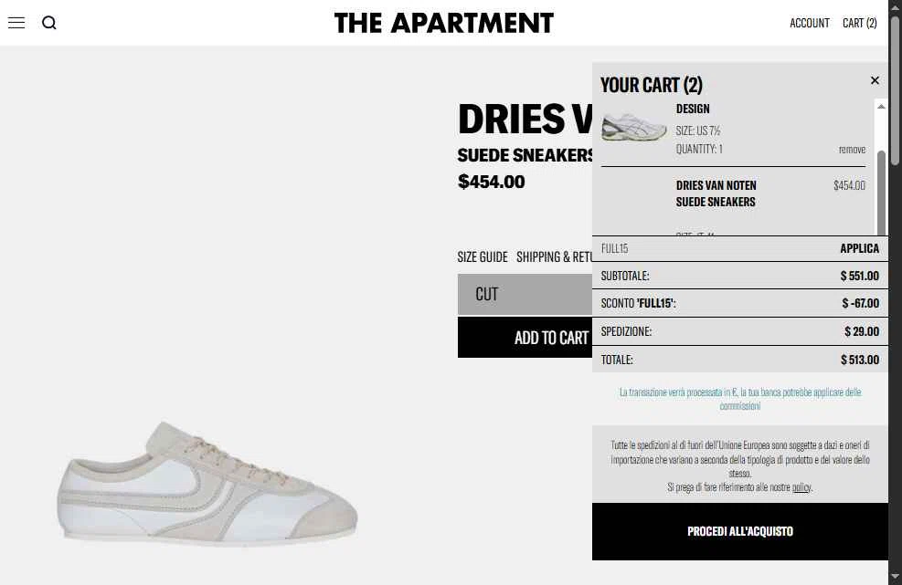 The Apartment Cosenza checkout page showing The Apartment Cosenza promo code box | Screenshot taken by SimplyCodes community member on Jan 10, 2026