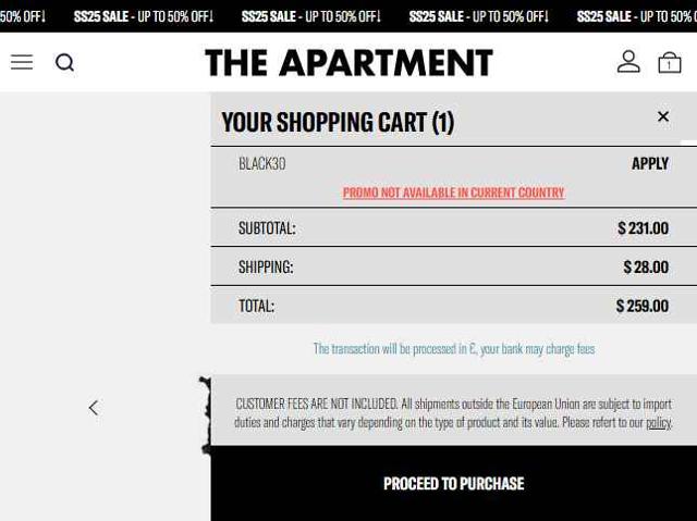 The Apartment Cosenza checkout page showing The Apartment Cosenza promo code box | Screenshot taken by SimplyCodes community member on May 16, 2025