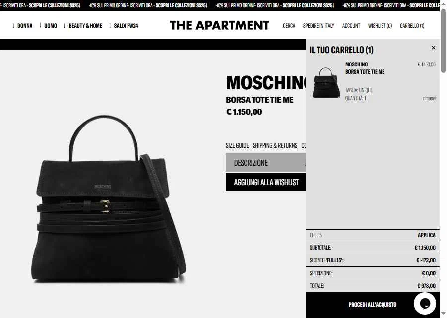 The Apartment Cosenza checkout page showing The Apartment Cosenza promo code box | Screenshot taken by SimplyCodes community member on Jun 20, 2025