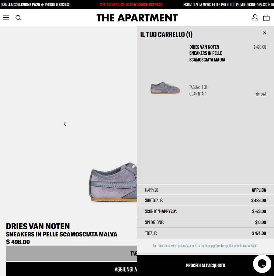 The Apartment Cosenza checkout page showing The Apartment Cosenza promo code box | Screenshot taken by SimplyCodes community member on Aug 16, 2025
