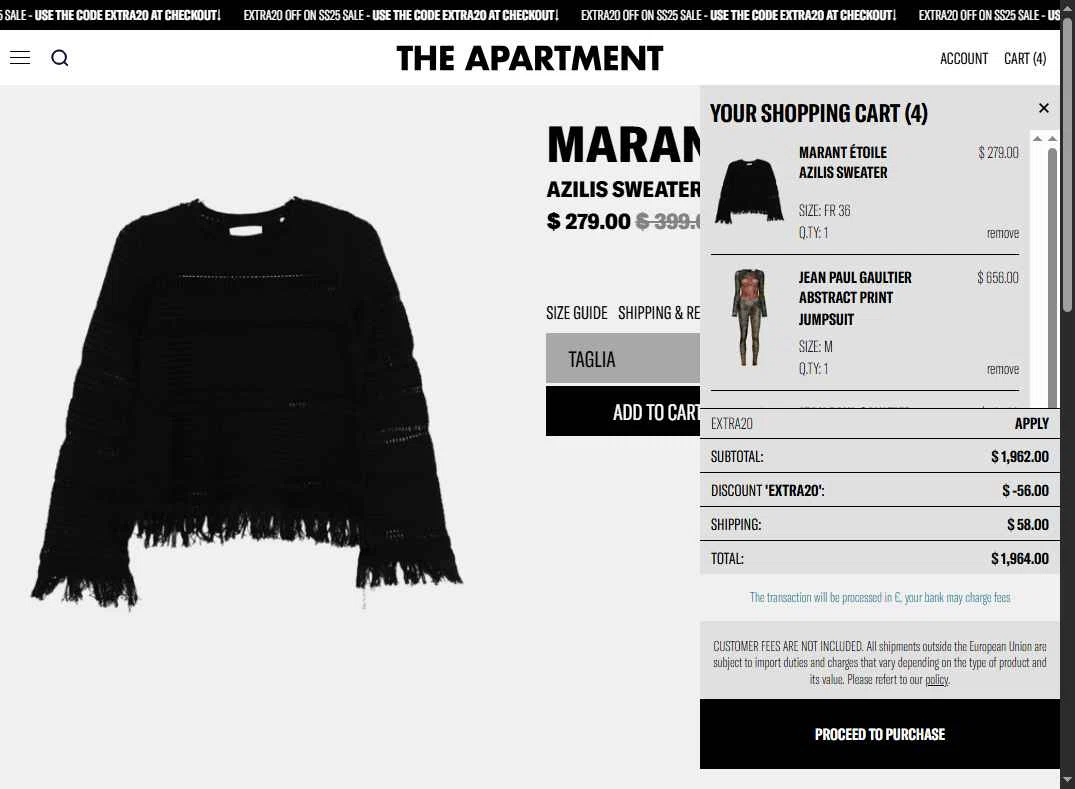 The Apartment Cosenza checkout page showing The Apartment Cosenza promo code box | Screenshot taken by SimplyCodes community member on Aug 4, 2025